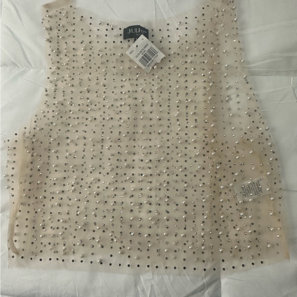 Beige Rhinestone and Pearl Embellished Blouse